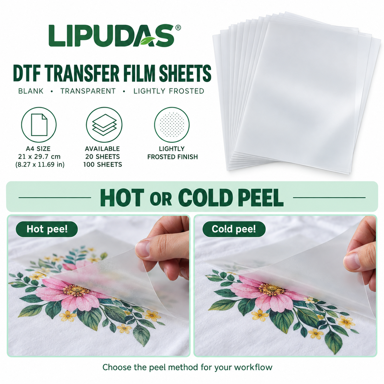 DTF Transfer Film Sheets – A4, Hot & Cold Peel, 20 / 100 Sheets — photo 4