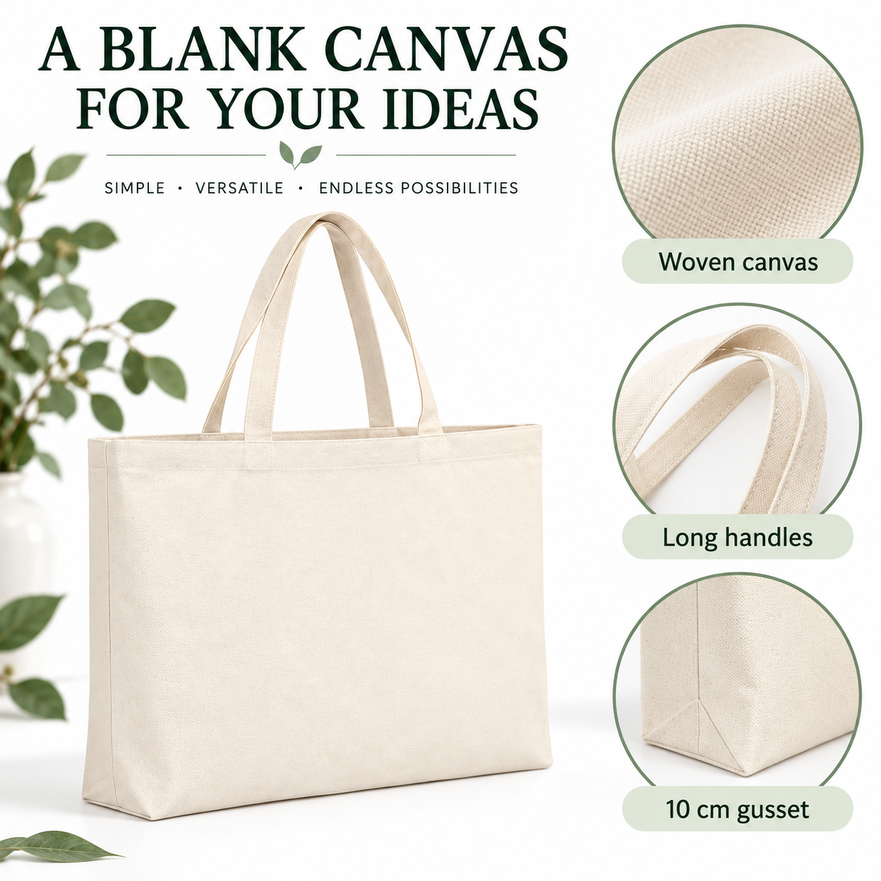 Blank Wide Canvas Tote Bags – 42 × 34 × 10 cm, White / Beige, 1 / 6 / 12 Pack — photo 4